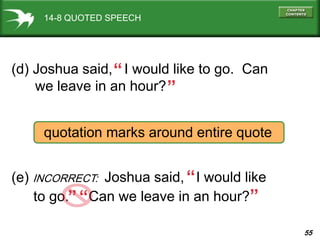 55
14-8 QUOTED SPEECH
(d) Joshua said, I would like to go. Can
we leave in an hour?
“ “
quotation marks around entire quote
(e) INCORRECT: Joshua said, I would like
to go. Can we leave in an hour?
““
“
“
 