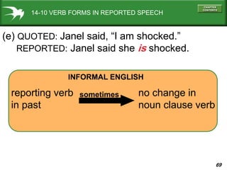 69
14-10 VERB FORMS IN REPORTED SPEECH
(e) QUOTED: Janel said, “I am shocked.”
REPORTED: Janel said she is shocked.
reporting verb
in past
no change in
noun clause verb
sometimes
INFORMAL ENGLISH
 