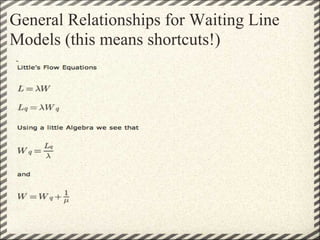 General Relationships for Waiting Line
Models (this means shortcuts!)
 