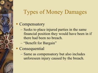 Types of Money Damages Compensatory Seeks to place injured parties in the same financial position they would have been in if there had been no breach.  “Benefit for Bargain” Consequential Same as compensatory but also includes unforeseen injury caused by the breach. 