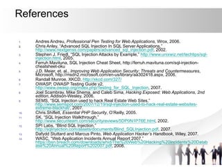 References
1. Andres Andreu, Professional Pen Testing for Web Applications, Wrox, 2006.
2. Chris Anley, “Advanced SQL Injection In SQL Server Applications,”
http://www.nextgenss.com/papers/advanced_sql_injection.pdf, 2002.
3. Stephen J. Friedl, “SQL Injection Attacks by Example,” http://www.unixwiz.net/techtips/sql-
injection.html, 2005.
4. Ferruh Mavituna, SQL Injection Cheat Sheet, http://ferruh.mavituna.com/sql-injection-
cheatsheet-oku
5. J.D. Meier, et. al., Improving Web Application Security: Threats and Countermeasures,
Microsoft, http://msdn2.microsoft.com/en-us/library/aa302418.aspx, 2006.
6. Randall Munroe, XKCD, http://xkcd.com/327/
7. OWASP, OWASP Testing Guide v2,
http://www.owasp.org/index.php/Testing_for_SQL_Injection, 2007.
8. Joel Scambray, Mike Shema, and Caleb Sima, Hacking Exposed: Web Applications, 2nd
edition, Addison-Wesley, 2006.
9. SEMS, “SQL Injection used to hack Real Estate Web Sites,”
http://www.semspot.com/2007/12/19/sql-injection-used-to-hack-real-estate-websites-
extreme-blackhat/, 2007.
10. Chris Shiflett, Essential PHP Security, O’Reilly, 2005.
11. SK, “SQL Injection Walkthrough,”
http://www.securiteam.com/securityreviews/5DP0N1P76E.html, 2002.
12. SPI Labs, “Blind SQL Injection,”
http://sqlinjection.com/assets/documents/Blind_SQLInjection.pdf, 2007.
13. Dafydd Stuttard and Marcus Pinto, Web Application Hacker’s Handbook, Wiley, 2007.
14. WASC, “Web Application Incidents Annual Report 2007,”
https://bsn.breach.com/downloads/whid/The%20Web%20Hacking%20Incidents%20Datab
ase%20Annual%20Report%202007.pdf, 2008.
 