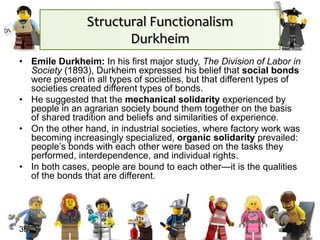 Structural Functionalism
Durkheim
• Emile Durkheim: In his first major study, The Division of Labor in
Society (1893), Durkheim expressed his belief that social bonds
were present in all types of societies, but that different types of
societies created different types of bonds.
• He suggested that the mechanical solidarity experienced by
people in an agrarian society bound them together on the basis
of shared tradition and beliefs and similarities of experience.
• On the other hand, in industrial societies, where factory work was
becoming increasingly specialized, organic solidarity prevailed:
people’s bonds with each other were based on the tasks they
performed, interdependence, and individual rights.
• In both cases, people are bound to each other—it is the qualities
of the bonds that are different.
35
 