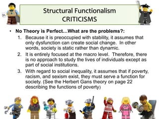 Structural Functionalism
CRITICISMS
• No Theory is Perfect…What are the problems?:
1. Because it is preoccupied with stability, it assumes that
only dysfunction can create social change. In other
words, society is static rather than dynamic.
2. It is entirely focused at the macro level. Therefore, there
is no approach to study the lives of individuals except as
part of social institutions.
3. With regard to social inequality, it assumes that if poverty,
racism, and sexism exist, they must serve a function for
society. (See the Herbert Gans theory on page 22
describing the functions of poverty)
44
 