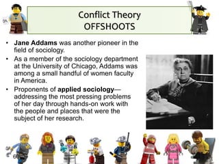 60
• Jane Addams was another pioneer in the
field of sociology.
• As a member of the sociology department
at the University of Chicago, Addams was
among a small handful of women faculty
in America.
• Proponents of applied sociology—
addressing the most pressing problems
of her day through hands-on work with
the people and places that were the
subject of her research.
Conflict Theory
OFFSHOOTS
 