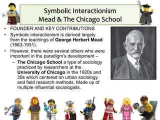 66
• FOUNDER AND KEY CONTRIBUTIONS
• Symbolic interactionism is derived largely
from the teachings of George Herbert Mead
(1863-1931).
• However, there were several others who were
important in the paradigm’s development –
– The Chicago School a type of sociology
practiced by researchers at the
University of Chicago in the 1920s and
30s which centered on urban sociology
and field research methods. Made up of
multiple influential sociologists.
Symbolic Interactionism
Mead & The Chicago School
 