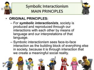 Symbolic Interactionism
MAIN PRINCIPLES
• ORIGINAL PRINCIPLES:
– For symbolic interactionists, society is
produced and reproduced through our
interactions with each other by means of
language and our interpretations of that
language.
– Symbolic interactionism sees face-to-face
interaction as the building block of everything else
in society, because it is through interaction that
we create a meaningful social reality.
71
 