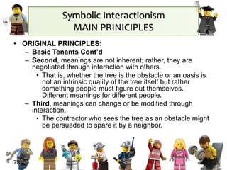 Symbolic Interactionism
MAIN PRINICIPLES
• ORIGINAL PRINCIPLES:
– Basic Tenants Cont’d
– Second, meanings are not inherent; rather, they are
negotiated through interaction with others.
• That is, whether the tree is the obstacle or an oasis is
not an intrinsic quality of the tree itself but rather
something people must figure out themselves.
Different meanings for different people.
– Third, meanings can change or be modified through
interaction.
• The contractor who sees the tree as an obstacle might
be persuaded to spare it by a neighbor.
73
 