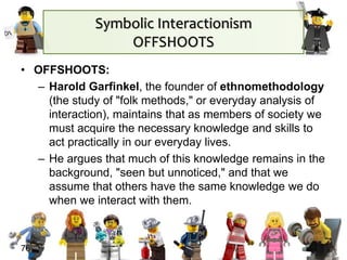 Symbolic Interactionism
OFFSHOOTS
• OFFSHOOTS:
– Harold Garfinkel, the founder of ethnomethodology
(the study of "folk methods," or everyday analysis of
interaction), maintains that as members of society we
must acquire the necessary knowledge and skills to
act practically in our everyday lives.
– He argues that much of this knowledge remains in the
background, "seen but unnoticed," and that we
assume that others have the same knowledge we do
when we interact with them.
76
 
