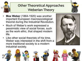 80
• Max Weber (1864-1920) was another
important European macrosociological
theorist during the Industrial Revolution.
• Much of Weber’s work expressed a
pessimistic view of social forces, such
as the work ethic, that shaped modern
life.
• Like other social theorists of his time,
Weber was interested in the shift from a
more traditional society to a modern
industrial society.
Other Theoretical Approaches
Weberian Theory
 