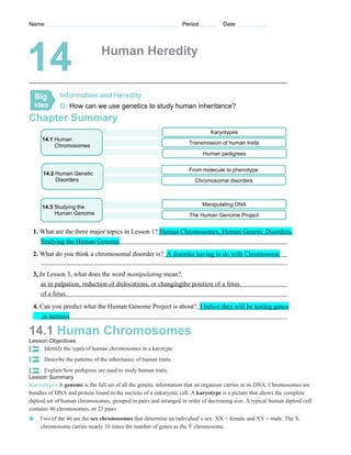 Name                                                               Period          Date




14                              Human Heredity


  Big         Information and Heredity
  idea       Q: How can we use genetics to study human inheritance?
Chapter Summary
                                                                               Karyotypes
     14.1 Human
                                                                     Transmission of human traits
          Chromosomes
                                                                            Human pedigrees

                                                                     From molecule to phenotype
      14.2 Human Genetic
           Disorders                                                   Chromosomal disorders



     14.3 Studying the                                                      Manipulating DNA
          Human Genome                                               The Human Genome Project


 1. What are the three major topics in Lesson 1? Human Chromosomes, Human Genetic Disorders,
    Studying the Human Genome
 2. What do you think a chromosomal disorder is? A disorder having to do with Chromosome


 3. In Lesson 3, what does the word manipulating mean?
    as in palpation, reduction of dislocations, or changingthe position of a fetus.
     of a fetus.
 4. Can you predict what the Human Genome Project is about? I belive they will be testing genes
     in humans

14.1 Human Chromosomes
Lesson Objectives
     Identify the types of human chromosomes in a karotype.
       Describe the patterns of the inheritance of human traits.
       Explain how pedigrees are used to study human traits.
Lesson Summary
Karyotypes A genome is the full set of all the genetic information that an organism carries in its DNA. Chromosomes are
bundles of DNA and protein found in the nucleus of a eukaryotic cell. A karyotype is a picture that shows the complete
diploid set of human chromosomes, grouped in pairs and arranged in order of decreasing size. A typical human diploid cell
contains 46 chromosomes, or 23 pairs:
    Two of the 46 are the sex chromosomes that determine an individual’s sex: XX = female and XY = male. The X
    chromosome carries nearly 10 times the number of genes as the Y chromosome.
 
