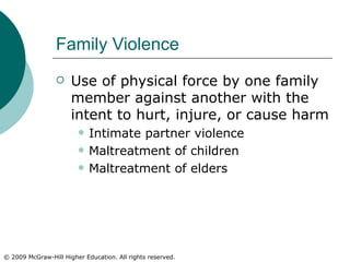 Family Violence Use of physical force by one family member against another with the intent to hurt, injure, or cause harm Intimate partner violence Maltreatment of children Maltreatment of elders 