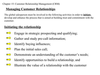 Chapter 15: Customer Relationship Management (CRM) Managing Customer Relationships The global salesperson must be involved in the following activities in order to  initiate , develop and enhance the process that is aimed at building trust and commitment with the customer. Initiating the relationship Engage in strategic prospecting and qualifying; Gather and study pre-call information; Identify buying influences; Plan the initial sales call; Demonstrate an understanding of the customer’s needs; Identify opportunities to build a relationship; and Illustrate the value of a relationship with the customer 