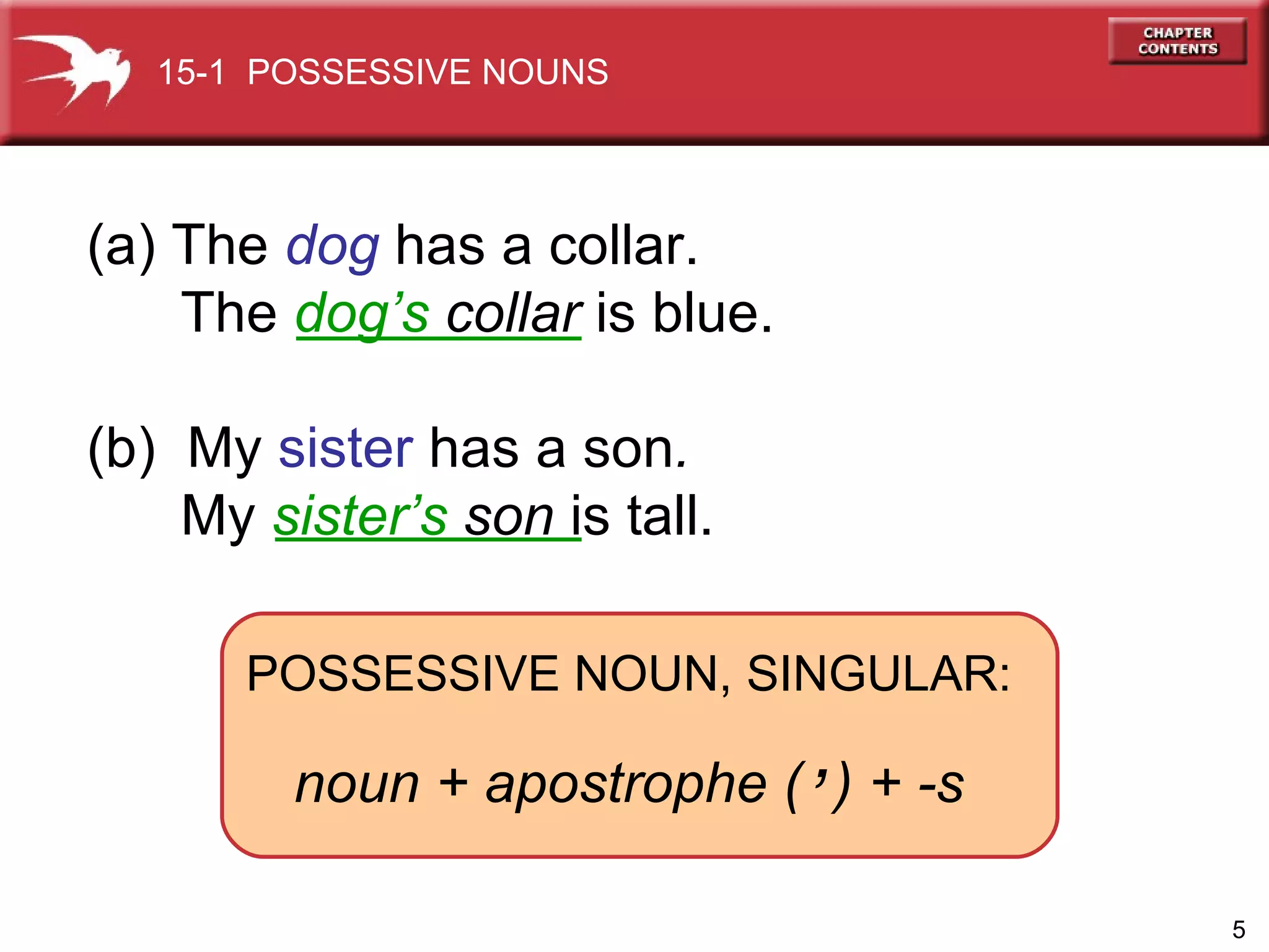 (a) The  dog  has a collar.  The  dog’s   collar  is blue. (b)  My  sister  has   a   son . My  sister’s   son  is tall. 15-1  POSSESSIVE NOUNS POSSESSIVE NOUN, SINGULAR: noun + apostrophe (   ) + -s ’ 