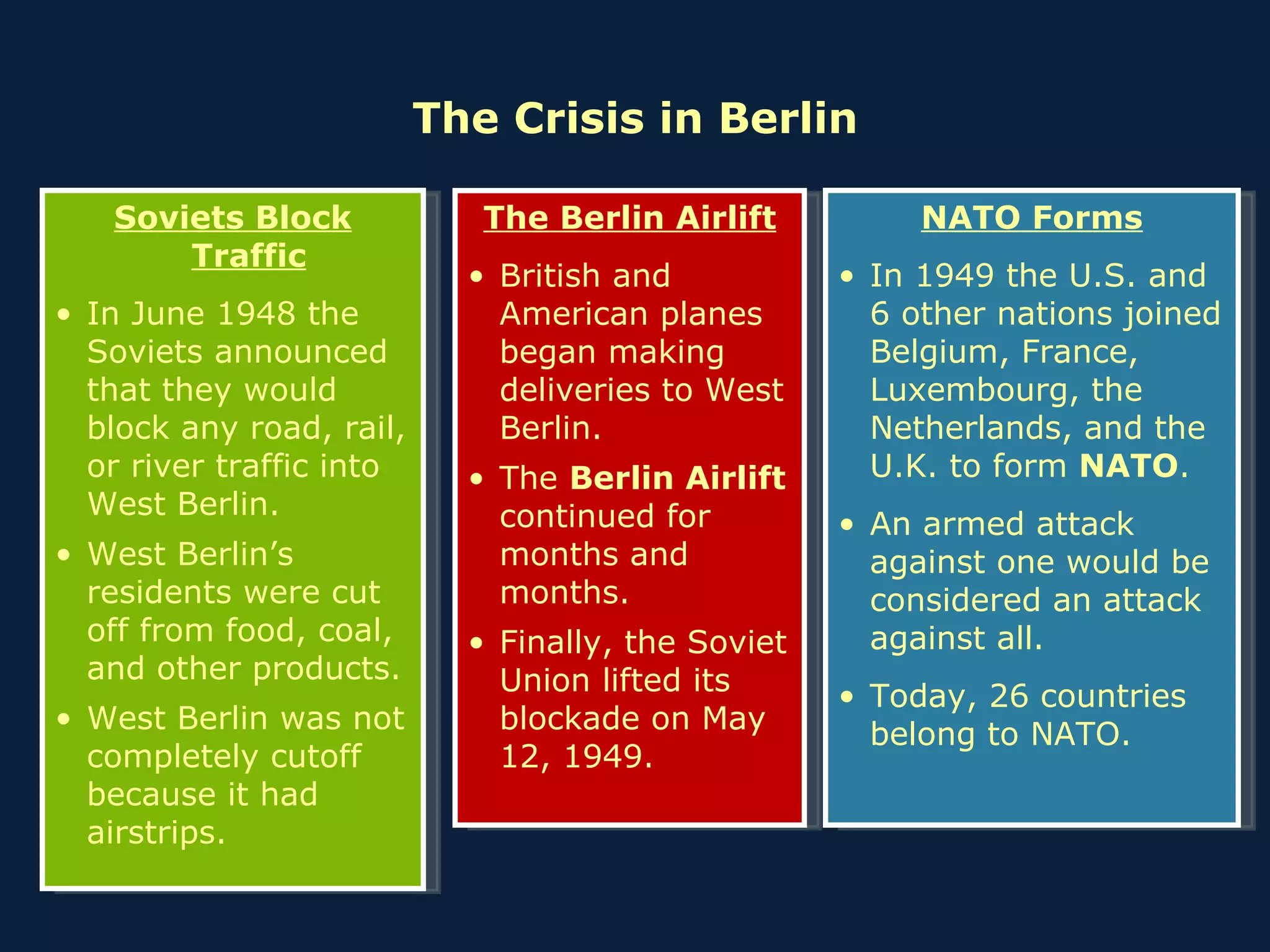 The Crisis in Berlin Soviets Block Traffic In June 1948 the Soviets announced that they would block any road, rail, or river traffic into West Berlin. West Berlin’s residents were cut off from food, coal, and other products. West Berlin was not completely cutoff because it had airstrips. The Berlin Airlift British and American planes began making deliveries to West Berlin. The  Berlin Airlift  continued for months and months. Finally, the Soviet Union lifted its blockade on May 12, 1949. NATO Forms In 1949 the U.S. and 6 other nations joined Belgium, France, Luxembourg, the Netherlands, and the U.K. to form  NATO . An armed attack against one would be considered an attack against all. Today, 26 countries belong to NATO. 