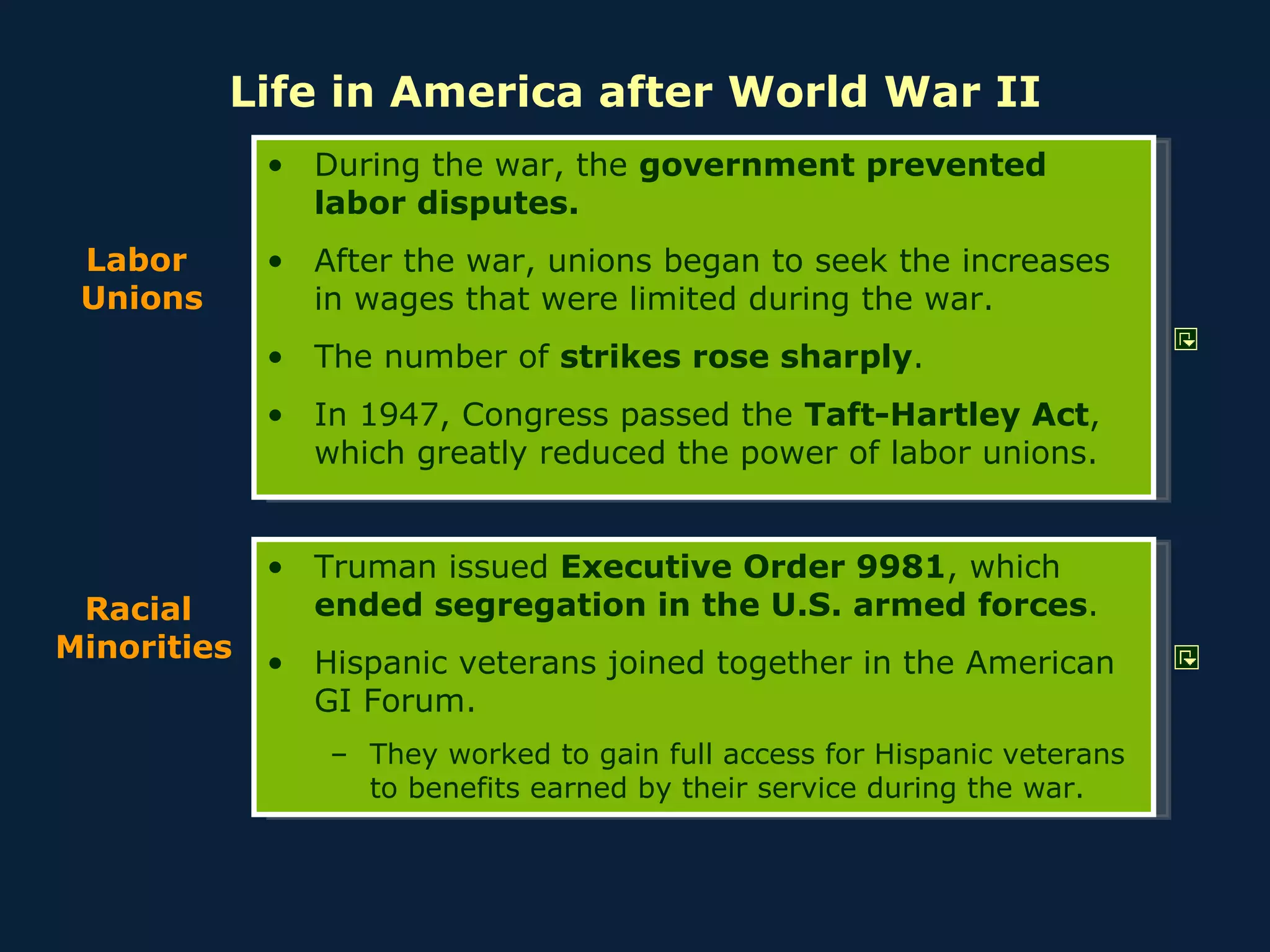 Life in America after World War II Truman issued  Executive Order 9981 , which  ended segregation in the U.S. armed forces . Hispanic veterans joined together in the American GI Forum. They worked to gain full access for Hispanic veterans to benefits earned by their service during the war.  Labor Unions During the war, the  government prevented labor disputes. After the war, unions began to seek the increases in wages that were limited during the war. The number of  strikes rose sharply . In 1947, Congress passed the  Taft-Hartley Act , which greatly reduced the power of labor unions. Racial  Minorities 