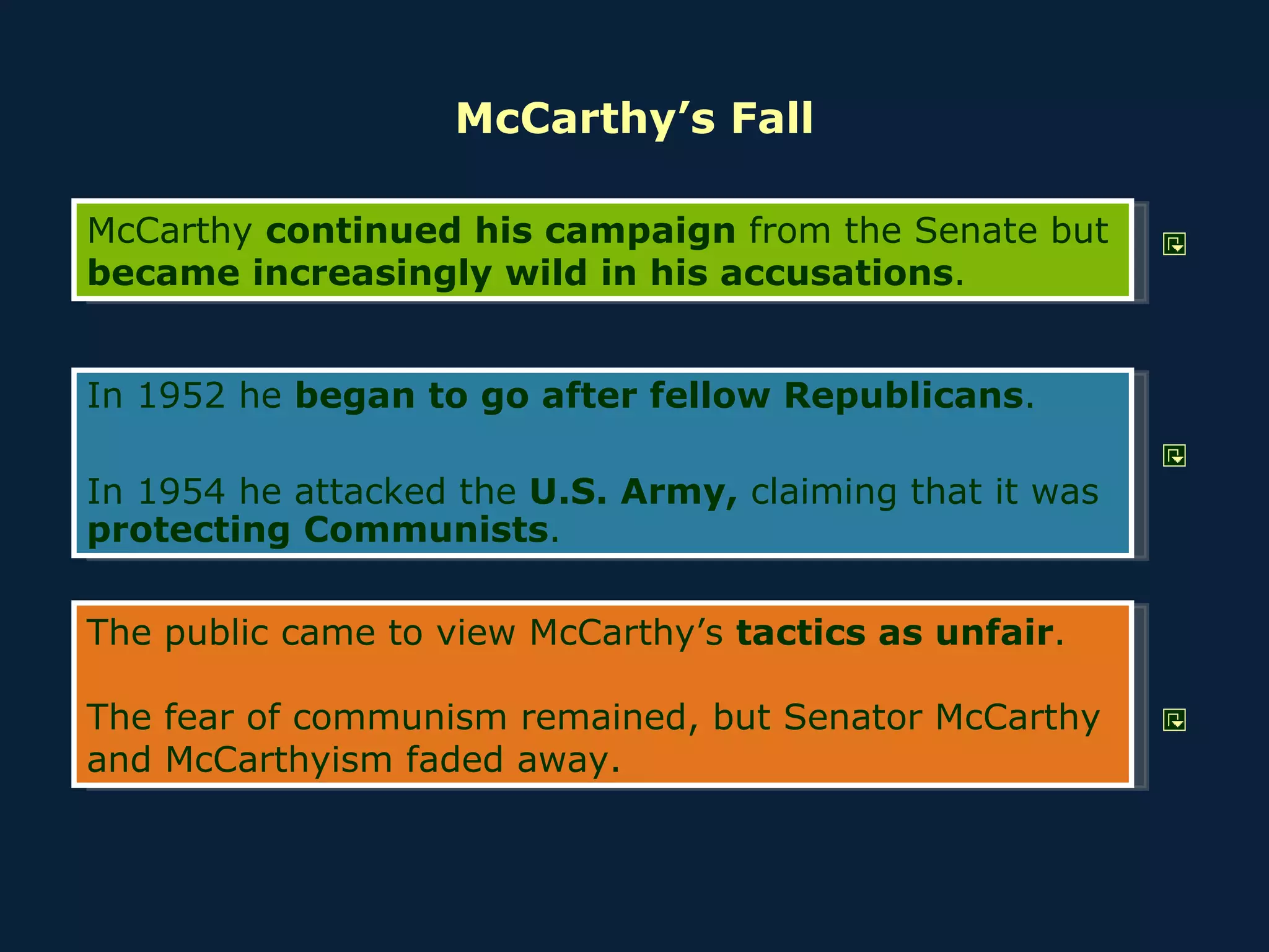 McCarthy’s Fall McCarthy  continued his campaign  from the Senate but  became increasingly wild in his accusations . In 1952 he  began to go after fellow Republicans . In 1954 he attacked the  U.S. Army,  claiming that it was  protecting Communists . The public came to view McCarthy’s  tactics as unfair . The fear of communism remained, but Senator McCarthy and McCarthyism faded away. 