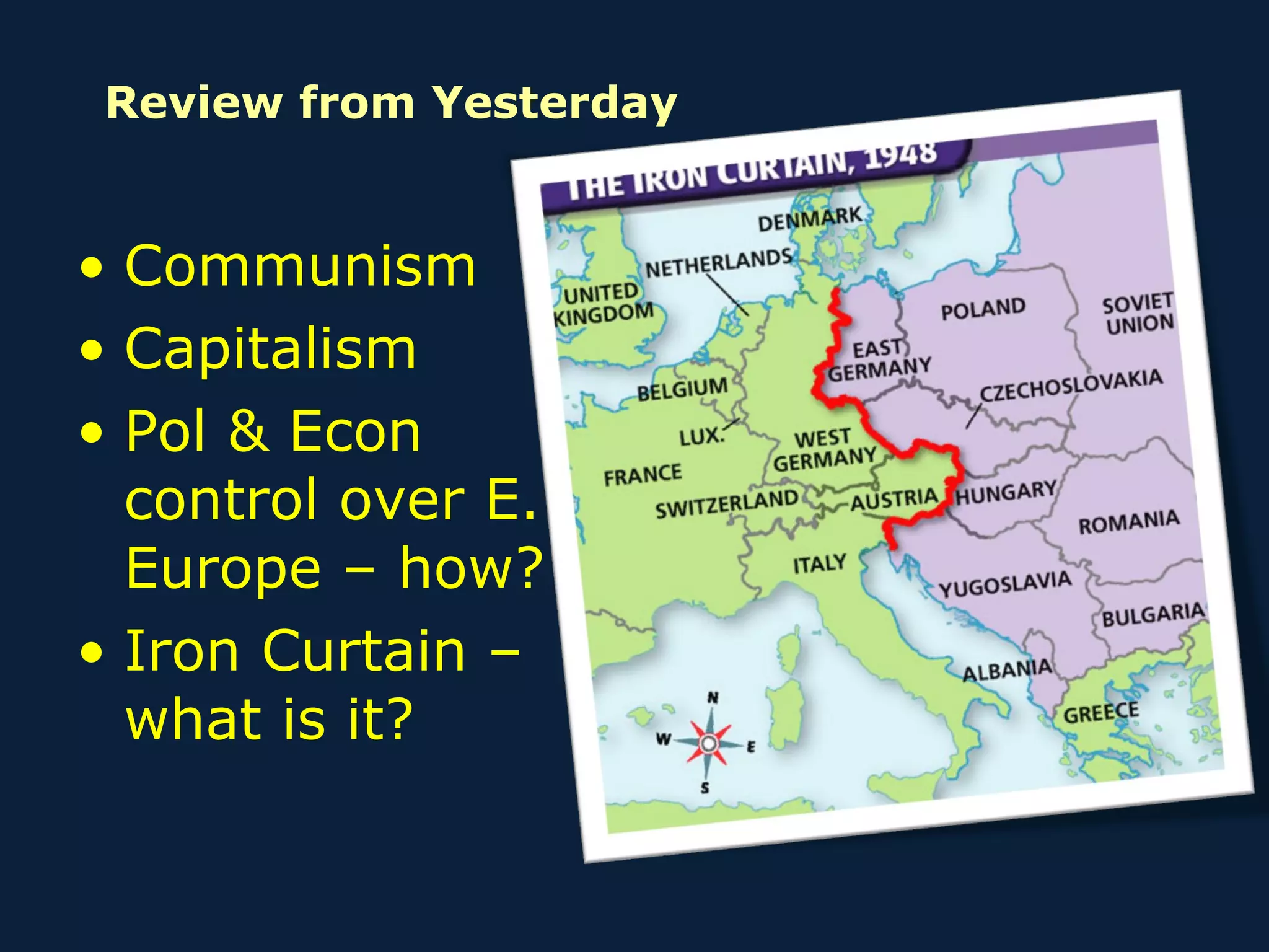 Review from Yesterday Communism Capitalism Pol & Econ control over E. Europe – how? Iron Curtain – what is it? 