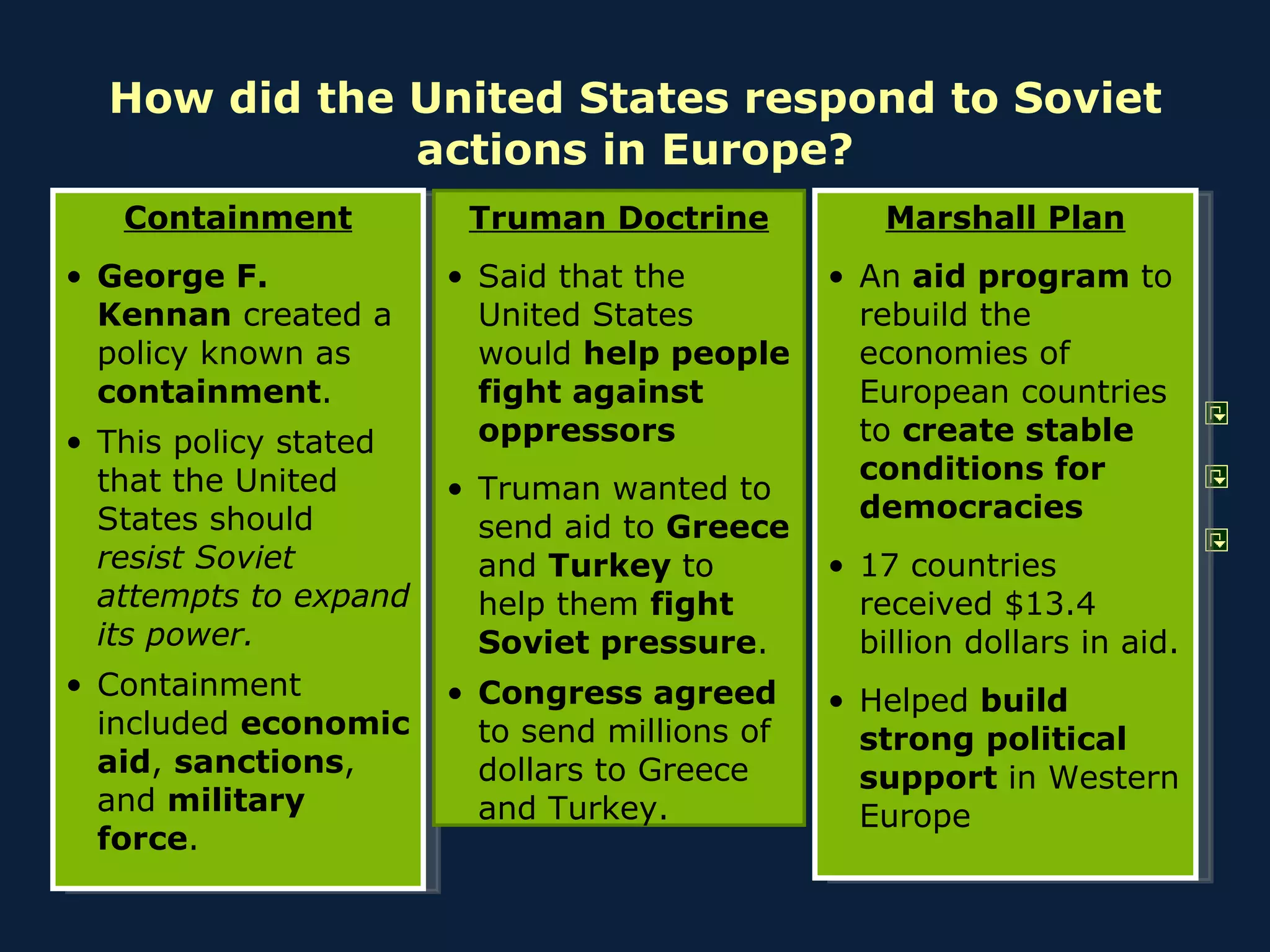 How did the United States respond to Soviet actions in Europe? Containment George F. Kennan  created a policy known as  containment . This policy stated that the United States should  resist Soviet attempts to expand its power. Containment included  economic aid ,  sanctions , and  military force . Truman Doctrine Said that the United States would  help people fight against oppressors Truman wanted to send aid to  Greece  and  Turkey  to help them  fight Soviet pressure . Congress agreed  to send millions of dollars to Greece and Turkey. Marshall Plan An  aid program  to rebuild the economies of European countries to  create stable conditions for democracies 17 countries received $13.4 billion dollars in aid. Helped  build strong political support  in Western Europe 