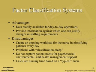 Factor Classification Systems   Advantages Data readily available for day-to-day operations Provide information against which one can justify changes in staffing requirements Disadvantages Create an ongoing workload for the nurse in classifying patients every day Problems with “classification creep” Do not capture patient needs for psychosocial, environmental, and health management support Calculate nursing time based on a “typical” nurse 