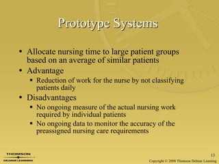 Prototype Systems   Allocate nursing time to large patient groups based on an average of similar patients  Advantage Reduction of work for the nurse by not classifying patients daily Disadvantages No ongoing measure of the actual nursing work required by individual patients No ongoing data to monitor the accuracy of the preassigned nursing care requirements 