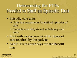 Determining the FTEs  Needed to Staff an Episodic Unit   Episodic care units Units that see patients for defined episodes of care  Examples are dialysis and ambulatory care units  Start with an assessment of the hours of care required by the patients Add FTEs to cover days off and benefit time   