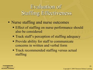 Evaluation of  Staffing Effectiveness Nurse staffing and nurse outcomes Effect of staffing on nurse performance should also be considered Track staff’s perception of staffing adequacy Provide ability for staff to communicate concerns in written and verbal form Track recommended staffing versus actual staffing 