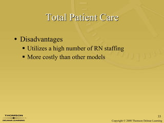 Total Patient Care Disadvantages Utilizes a high number of RN staffing More costly than other models 