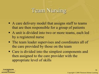 Team Nursing   A care delivery model that assigns staff to teams that are then responsible for a group of patients A unit is divided into two or more teams, each led by a registered nurse The team leader supervises and coordinates all of the care provided by those on the team  Care is divided into the simplest components and then assigned to the care provider with the appropriate level of skills 