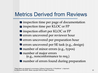 Metrics Derived from Reviews inspection time per page of documentation inspection time per KLOC or FP errors uncovered per reviewer hour errors uncovered per preparation hour errors uncovered per SE task (e.g., design) number of minor errors (e.g., typos) number of errors found during preparation number of major errors (e.g., nonconformance to req.)  inspection effort per KLOC or FP 