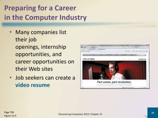 Preparing for a Career
in the Computer Industry
    • Many companies list
      their job
      openings, internship
      opportunities, and
      career opportunities on
      their Web sites
    • Job seekers can create a
      video resume



Page 796                                                        19
                       Discovering Computers 2012: Chapter 15
Figure 15-9
 