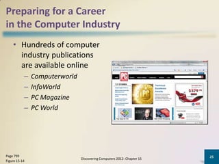 Preparing for a Career
in the Computer Industry
    • Hundreds of computer
      industry publications
      are available online
           –   Computerworld
           –   InfoWorld
           –   PC Magazine
           –   PC World




Page 799                                                                25
                               Discovering Computers 2012: Chapter 15
Figure 15-14
 