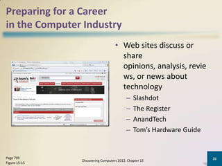 Preparing for a Career
in the Computer Industry
                                   • Web sites discuss or
                                     share
                                     opinions, analysis, revie
                                     ws, or news about
                                     technology
                                          –   Slashdot
                                          –   The Register
                                          –   AnandTech
                                          –   Tom’s Hardware Guide


Page 799                                                             26
               Discovering Computers 2012: Chapter 15
Figure 15-15
 