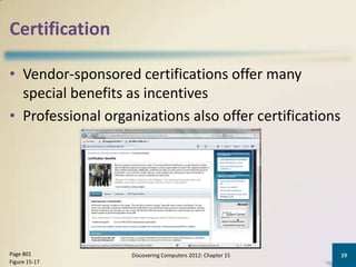Certification

• Vendor-sponsored certifications offer many
  special benefits as incentives
• Professional organizations also offer certifications




Page 801           Discovering Computers 2012: Chapter 15   29
Figure 15-17
 