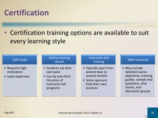 Certification

• Certification training options are available to suit
  every learning style

                       Online training                  Instructor-led
       Self-study                                                             Web resources
                           classes                         training
• Requires high     • Students set their           • Typically span from   • May include
  motivation          own pace                       several days to         detailed course
• Least expensive   • Can be one-third               several months          objectives, training
                      the price of                 • Some sponsors           guides, sample test
                      instructor-led                 hold their own          questions, chat
                      programs                       sessions                rooms, and
                                                                             discussion groups




Page 802                      Discovering Computers 2012: Chapter 15                            31
 