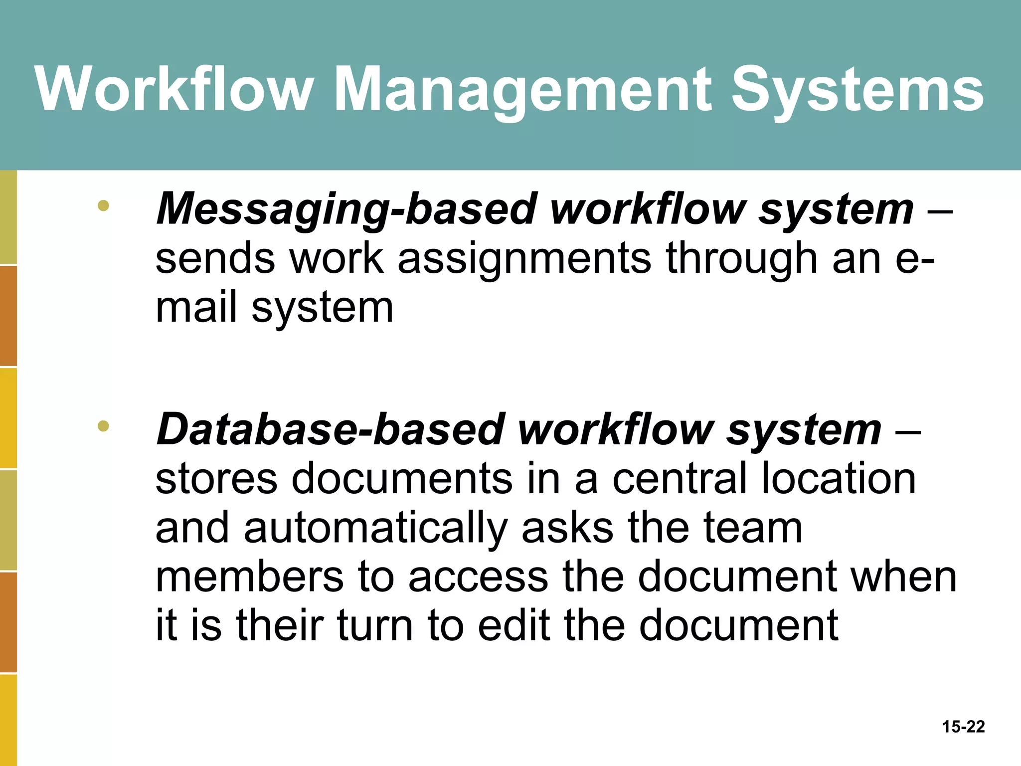 Workflow Management Systems
 • Messaging-based workflow system –
   sends work assignments through an e-
   mail system

 • Database-based workflow system –
   stores documents in a central location
   and automatically asks the team
   members to access the document when
   it is their turn to edit the document

                                        15-22
 