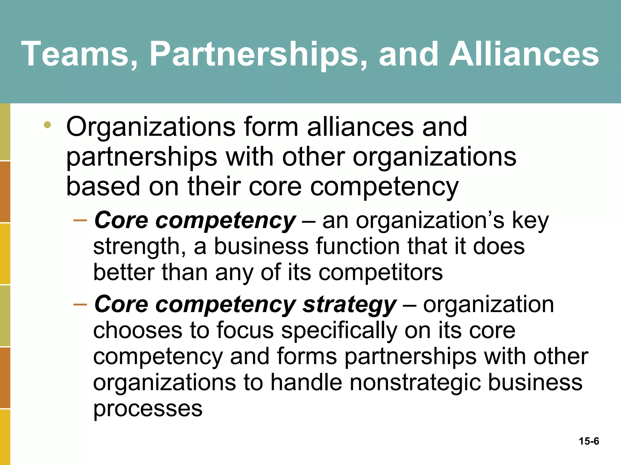 Teams, Partnerships, and Alliances

 • Organizations form alliances and
   partnerships with other organizations
   based on their core competency
   – Core competency – an organization’s key
     strength, a business function that it does
     better than any of its competitors
   – Core competency strategy – organization
     chooses to focus specifically on its core
     competency and forms partnerships with other
     organizations to handle nonstrategic business
     processes
                                                 15-6
 