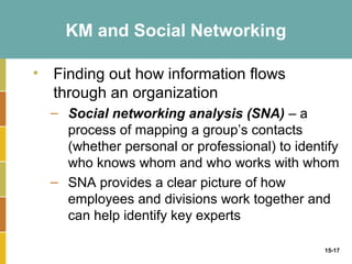 KM and Social Networking

• Finding out how information flows
  through an organization
  – Social networking analysis (SNA) – a
    process of mapping a group’s contacts
    (whether personal or professional) to identify
    who knows whom and who works with whom
  – SNA provides a clear picture of how
    employees and divisions work together and
    can help identify key experts

                                               15-17
 