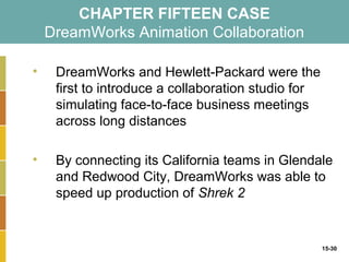 CHAPTER FIFTEEN CASE
    DreamWorks Animation Collaboration

•    DreamWorks and Hewlett-Packard were the
     first to introduce a collaboration studio for
     simulating face-to-face business meetings
     across long distances

•    By connecting its California teams in Glendale
     and Redwood City, DreamWorks was able to
     speed up production of Shrek 2


                                                     15-30
 