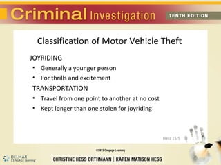 Classification of Motor Vehicle Theft
JOYRIDING
• Generally a younger person
• For thrills and excitement
TRANSPORTATION
• Travel from one point to another at no cost
• Kept longer than one stolen for joyriding



                                                Hess 15-5
 