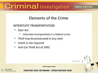 Elements of the Crime
INTERSTATE TRANSPORTATION
• Dyer Act
   
       Interstate transportation is a federal crime
• Thief may be prosecuted in any state
• Intent is not required
• Anti-Car Theft Act of 1992



                                                      Hess 15-9
 