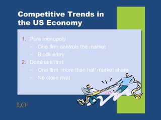 Competitive Trends in
the US Economy

 1. Pure monopoly
    – One firm controls the market
    – Block entry
 2. Dominant firm
    – One firm: more than half market share
    – No close rival




LO6
 