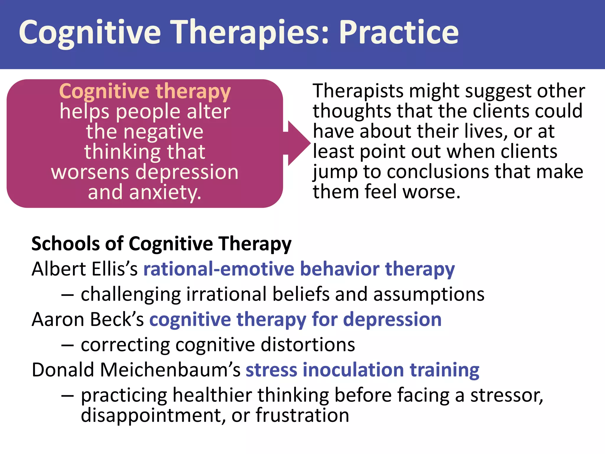 Cognitive Therapies: Practice
Cognitive therapy
helps people alter
the negative
thinking that
worsens depression
and anxiety.

Therapists might suggest other
thoughts that the clients could
have about their lives, or at
least point out when clients
jump to conclusions that make
them feel worse.

Schools of Cognitive Therapy
Albert Ellis’s rational-emotive behavior therapy
– challenging irrational beliefs and assumptions
Aaron Beck’s cognitive therapy for depression
– correcting cognitive distortions
Donald Meichenbaum’s stress inoculation training
– practicing healthier thinking before facing a stressor,
disappointment, or frustration

 