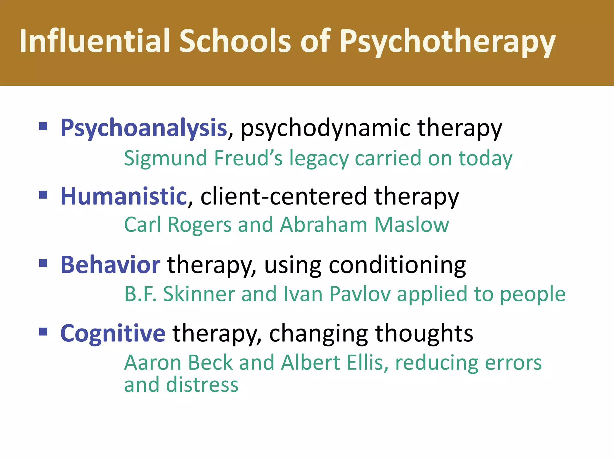 Influential Schools of Psychotherapy
 Psychoanalysis, psychodynamic therapy
Sigmund Freud’s legacy carried on today

 Humanistic, client-centered therapy
Carl Rogers and Abraham Maslow

 Behavior therapy, using conditioning
B.F. Skinner and Ivan Pavlov applied to people

 Cognitive therapy, changing thoughts
Aaron Beck and Albert Ellis, reducing errors
and distress

 