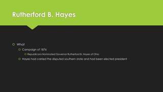 Rutherford B. Hayes

 What
 Campaign of 1876
 Republicans Nominated Governor Rutherford B. Hayes of Ohio

 Hayes had carried the disputed southern state and had been elected president

 