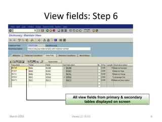 View fields: Step 6
March-2005 Views | 2.15.03 8
All view fields from primary & secondary
tables displayed on screen
 