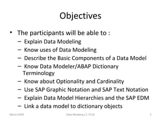 Objectives
• The participants will be able to :
– Explain Data Modeling
– Know uses of Data Modeling
– Describe the Basic Components of a Data Model
– Know Data Modeler/ABAP Dictionary
Terminology
– Know about Optionality and Cardinality
– Use SAP Graphic Notation and SAP Text Notation
– Explain Data Model Hierarchies and the SAP EDM
– Link a data model to dictionary objects
March-2005 Data Modeling | 2.15.02 2
 