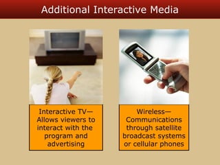Additional Interactive Media 
Interactive TV— 
Allows viewers to 
interact with the 
program and 
advertising 
Wireless— 
Communications 
through satellite 
broadcast systems 
or cellular phones 

