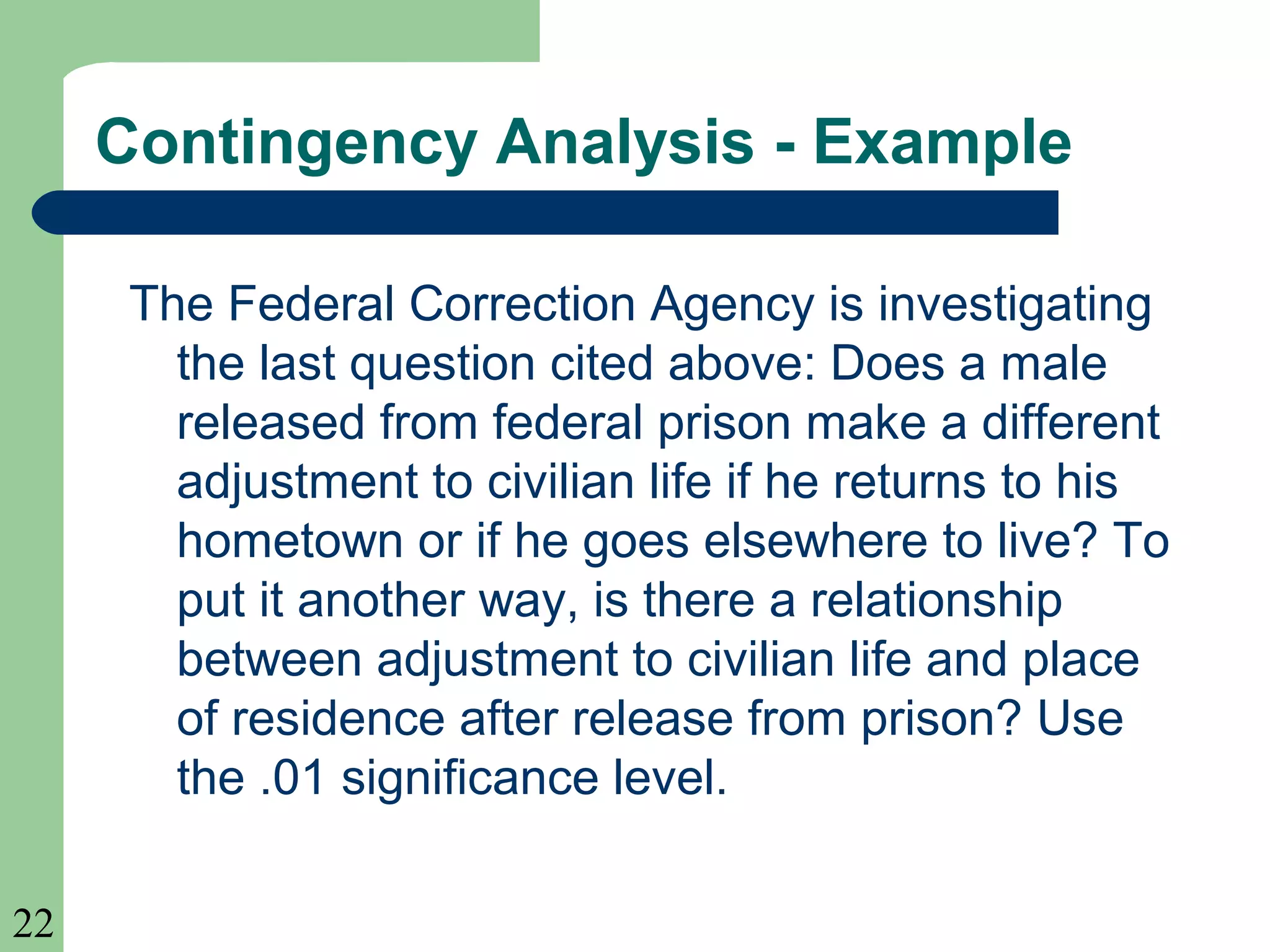 22
The Federal Correction Agency is investigating
the last question cited above: Does a male
released from federal prison make a different
adjustment to civilian life if he returns to his
hometown or if he goes elsewhere to live? To
put it another way, is there a relationship
between adjustment to civilian life and place
of residence after release from prison? Use
the .01 significance level.
Contingency Analysis - Example
 