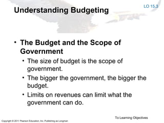 Copyright © 2011 Pearson Education, Inc. Publishing as Longman
Understanding Budgeting
• The Budget and the Scope of
Government
• The size of budget is the scope of
government.
• The bigger the government, the bigger the
budget.
• Limits on revenues can limit what the
government can do.
To Learning Objectives
LO 15.3
 