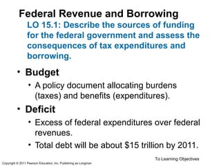 Federal Revenue and Borrowing
LO 15.1: Describe the sources of funding
for the federal government and assess the
consequences of tax expenditures and
borrowing.
• Budget
• A policy document allocating burdens
(taxes) and benefits (expenditures).
• Deficit
• Excess of federal expenditures over federal
revenues.
• Total debt will be about $15 trillion by 2011.
To Learning Objectives
Copyright © 2011 Pearson Education, Inc. Publishing as Longman
 